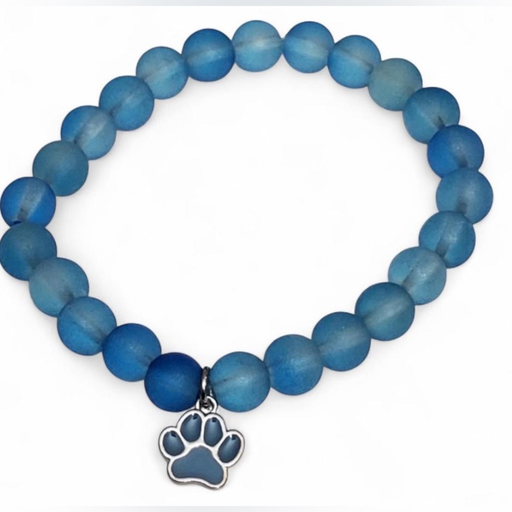 8mm Beaded Stretch Bracelet Blue Colors 7” With Paws Charm